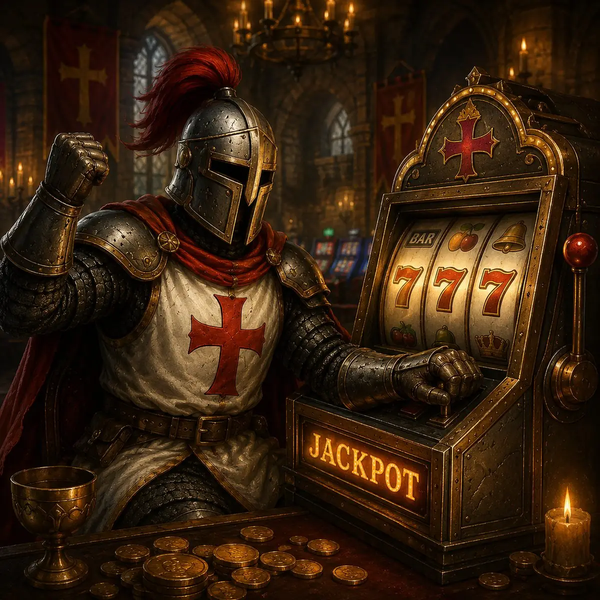 Ιππότης του Crusado μπροστά σε φρουτάκι με τζάκποτ